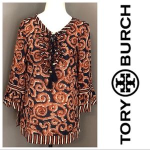 TORY BURCH top ruffle trim ties with T logo sz 6